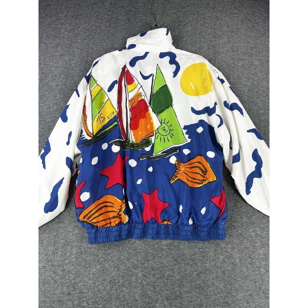 Vintage Oleg Cassini Silk Jacket SZ XL White Nautical Coastal Bomber Old Money